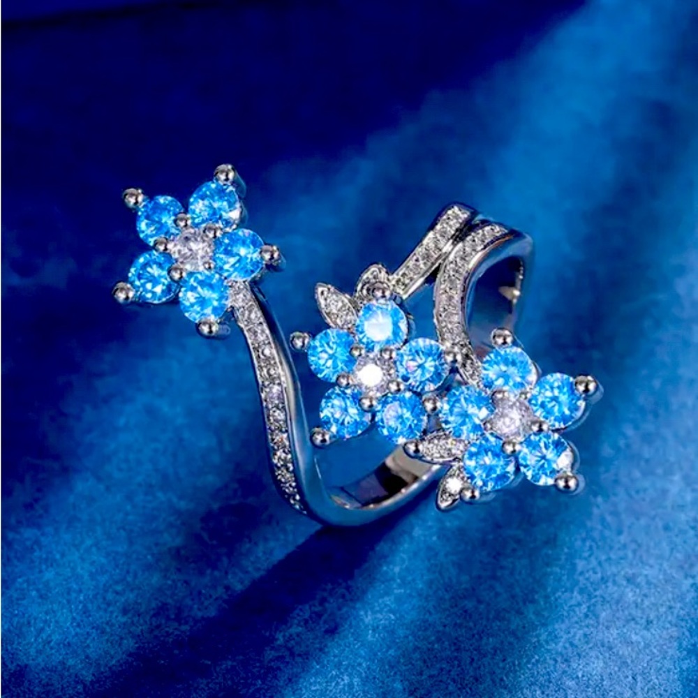 Blue Zircon Three Flower Silver Adjustable Ring